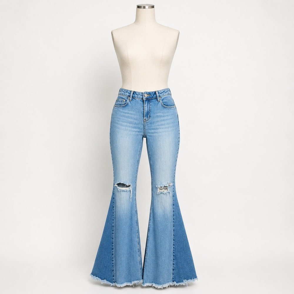 Free People Just Float On Flare Jeans Two Tone Distressed Blue Bell Bottom W31